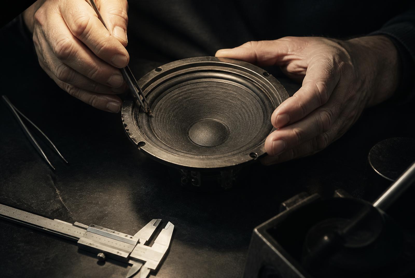 Hands working on a vintage loudspeaker in the laboratory